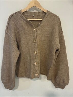 Classic Taupe Button-Front Women's Sweater Cardigan